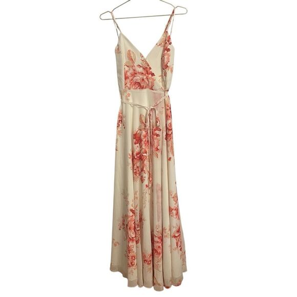 Lulu's Elegantly Inclined Cream and Coral Floral Print Wrap Maxi Dress MED NEW - Picture 2 of 8